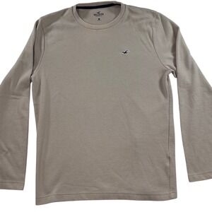 Hollister Mens Long Sleeve Crewneck Textured Shirt Tan Khaki Seagull Logo Size M